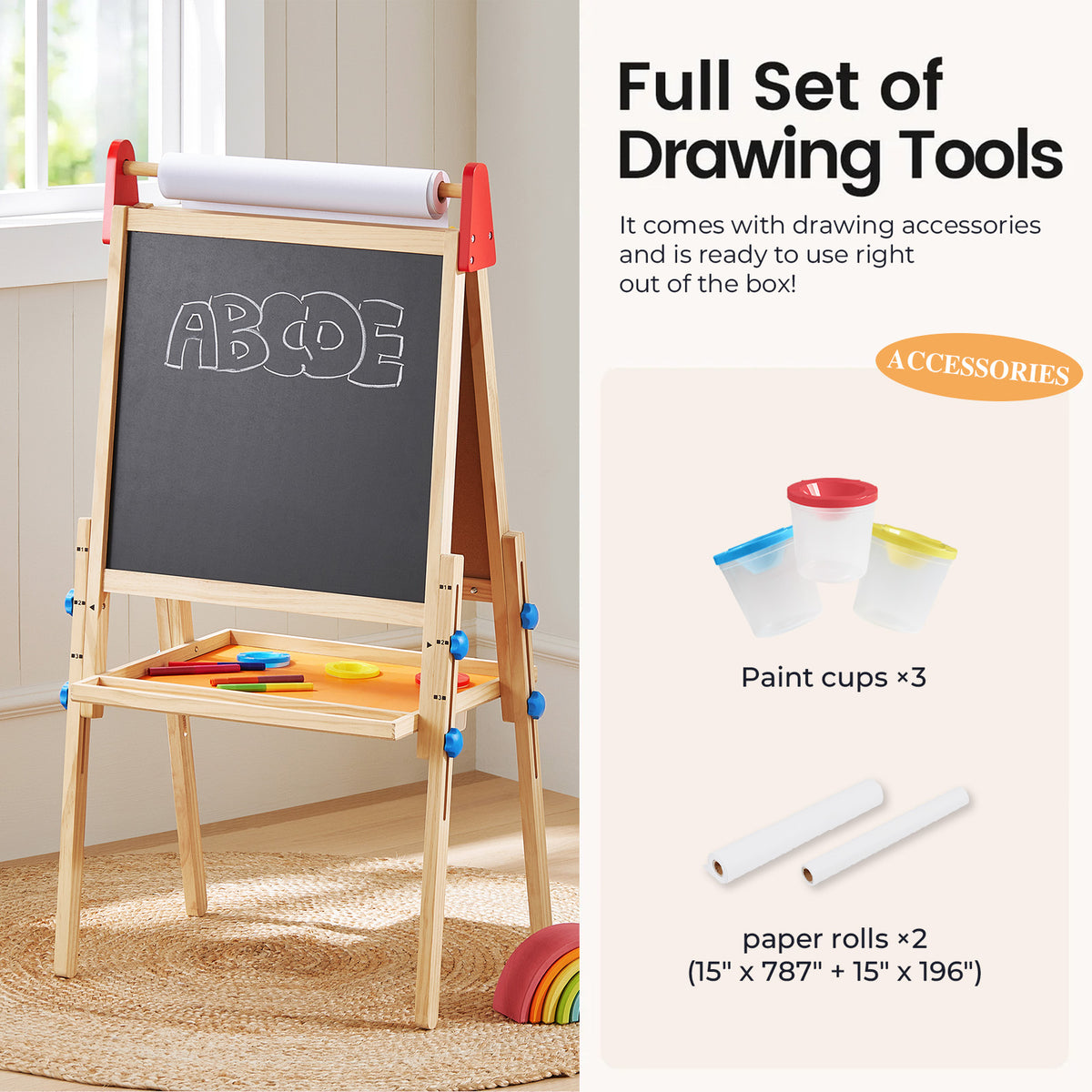 The Tiny Land® 3-in-1 Art Easel for Kids features a double-sided chalkboard with ABCDE, three paint cups, two paper rolls, and a handy tray—an adjustable all-in-one drawing set perfect for young artists.
