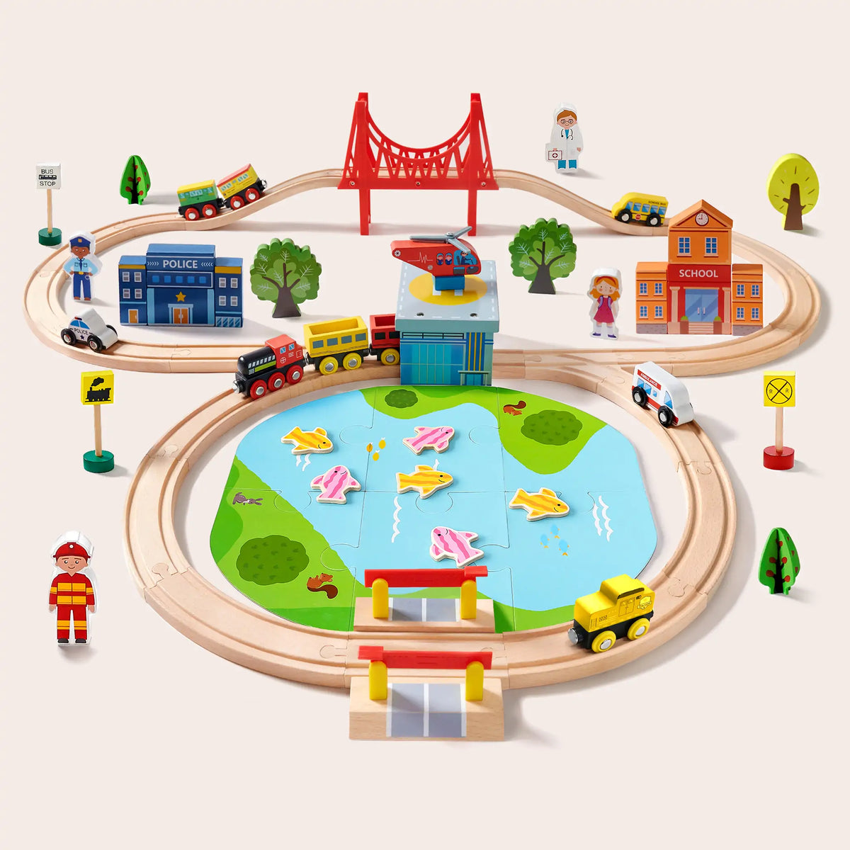The Tiny Land® Wooden Train Set 110 Pcs features tracks, a red bridge, pond with ducks, school, police station, vehicles, trees, signs & figurines. Compatible with all wooden train brands for endless creative play.